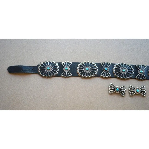 Vintage Louise Morgan Navajo Sterling Silver Sand Cast Turquoise Concho Belt - Picture 7 of 9